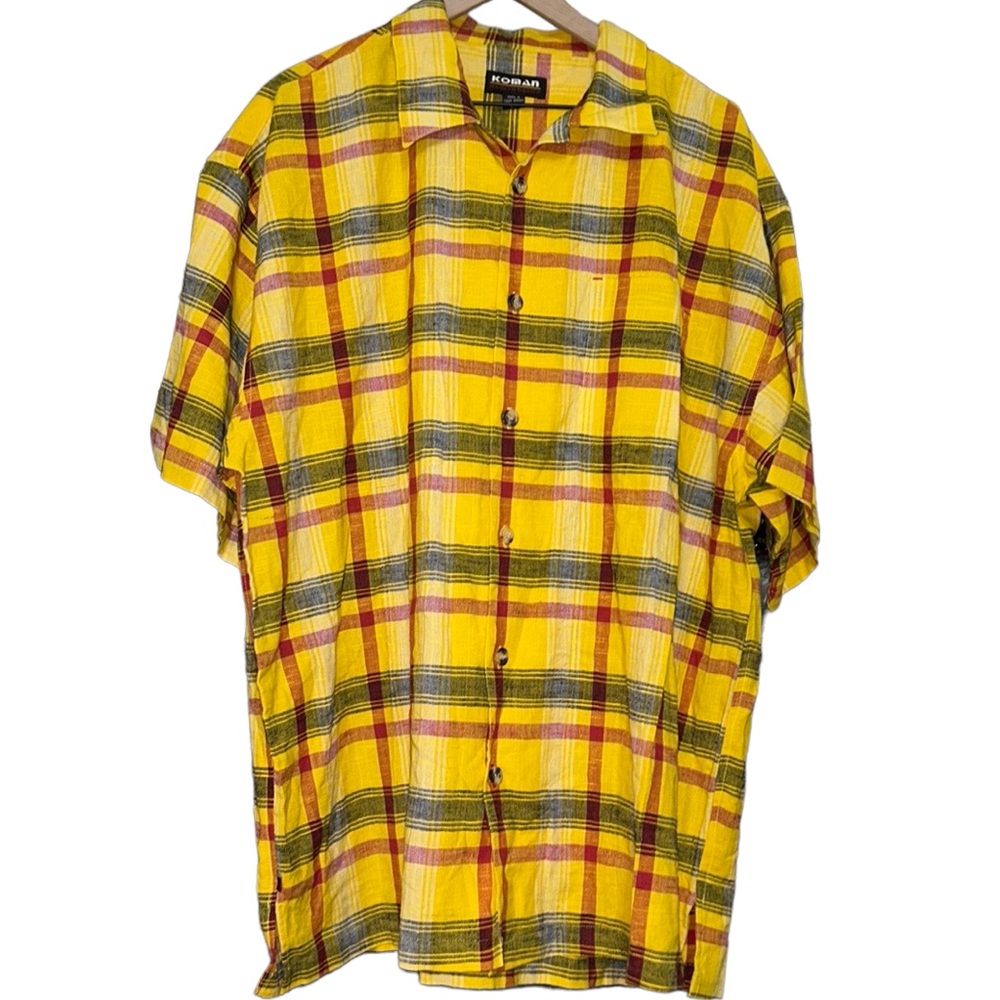 🦋Koman Yellow Cotton Plaid Shirt, Size 2XL